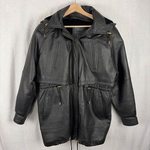Sergio Vadducci‎ Jacket Black Leather Piel Removable Liner Overcoat XL NWT